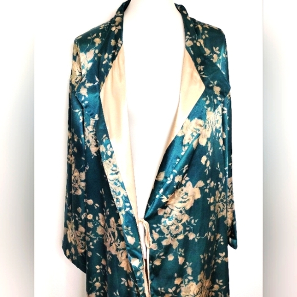 FLORAL TEAL SATIN ROBE - Picture 1 of 11